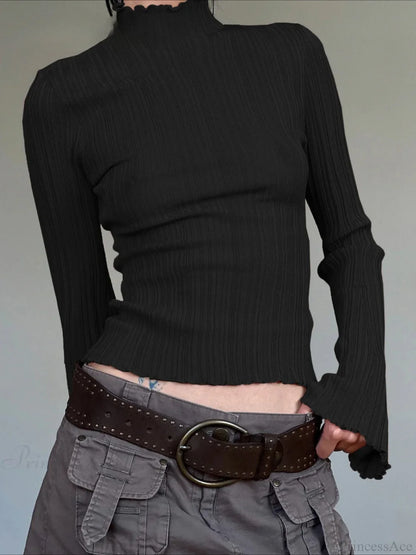 Solid Turtleneck Slim Flare Sleeve Long Sleeve Knit Top