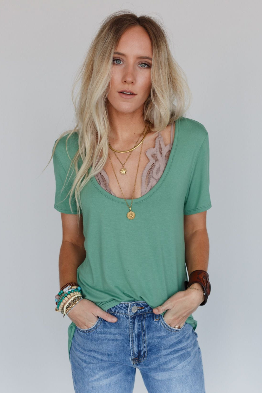 Scoop Neck Bralette Tee - Sage