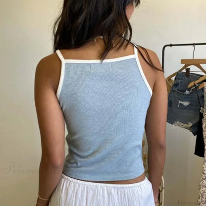 Y2K Aesthetic Slim Fit Sweet Vest Fairy Bow Embroidery Sleeveless O Neck Crop Top